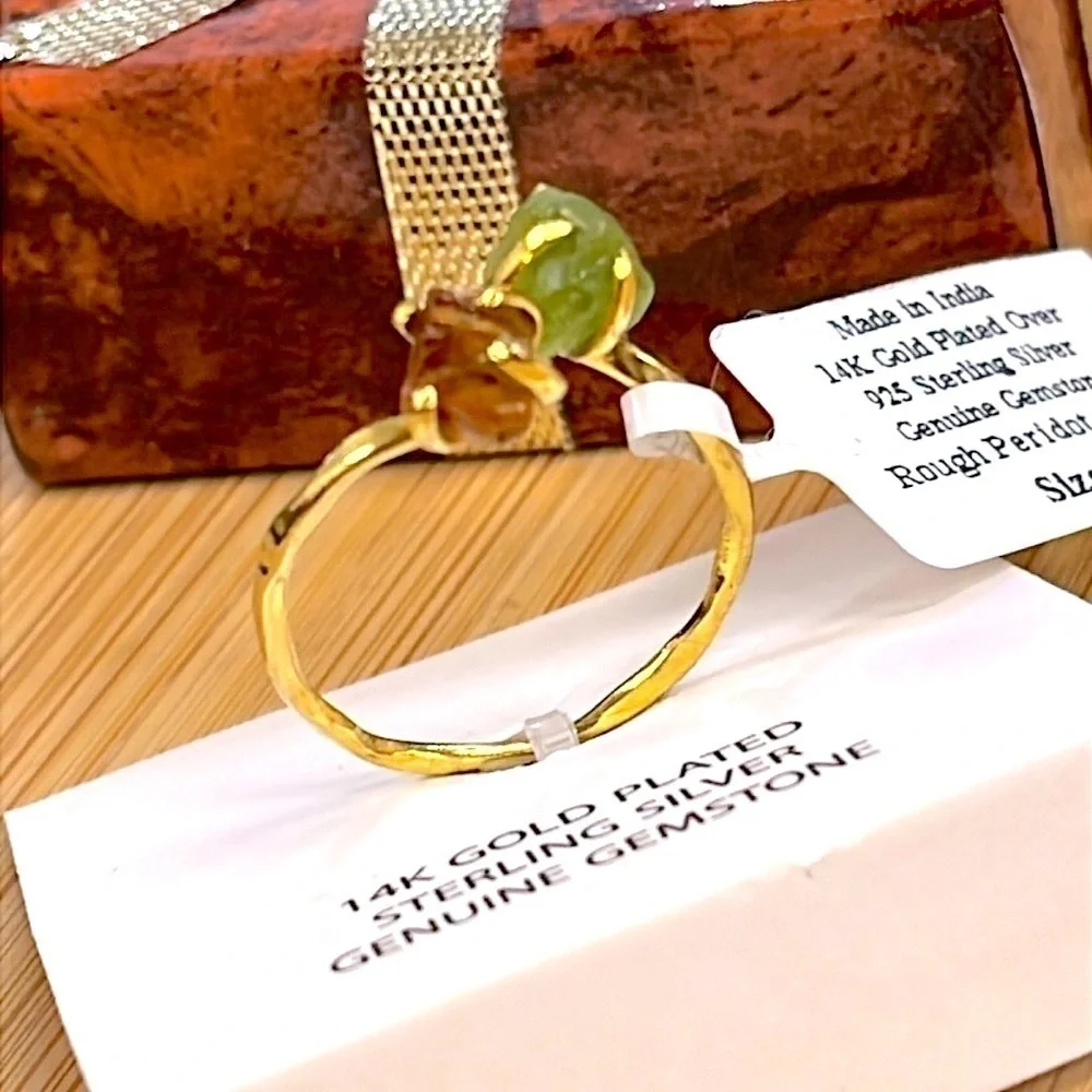 Brand New 14K Gold Plated Sterling Silver Genuine Gemstone Peridot Citrine Ring